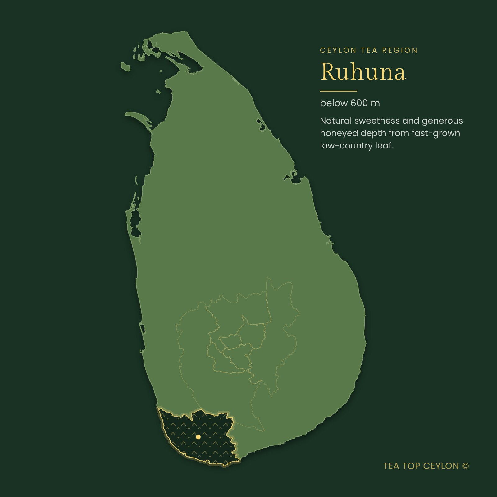 Map of Sri Lanka highlighting the Ruhuna tea region where Pear & Rose Green is grown