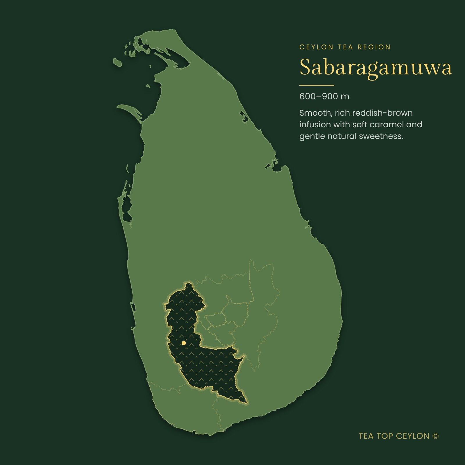 Map of Sri Lanka highlighting the Sabaragamuwa tea region where Orange Pekoe Tea is grown