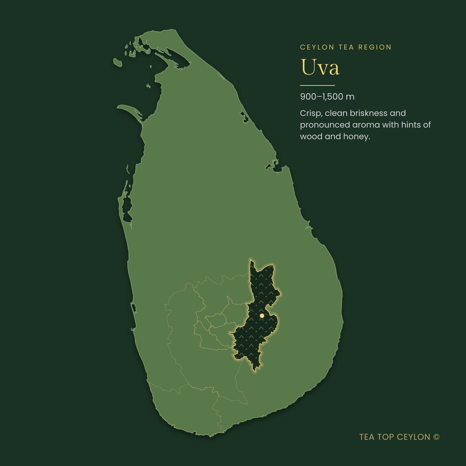 Map of Sri Lanka highlighting the Uva tea region where Jasmine Green Tea is grown