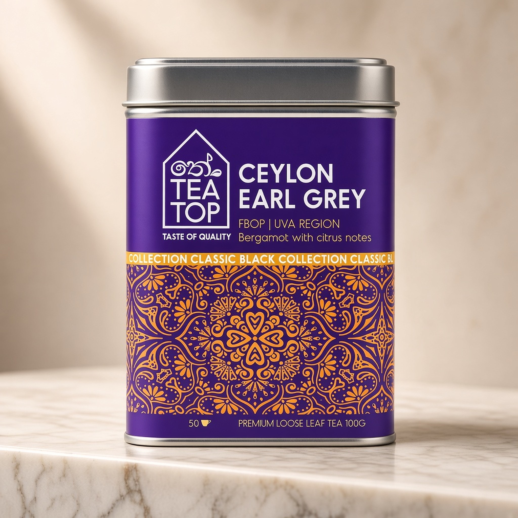 TEA TOP Ceylon Earl Grey tin — Uva FBOP loose leaf with bergamot